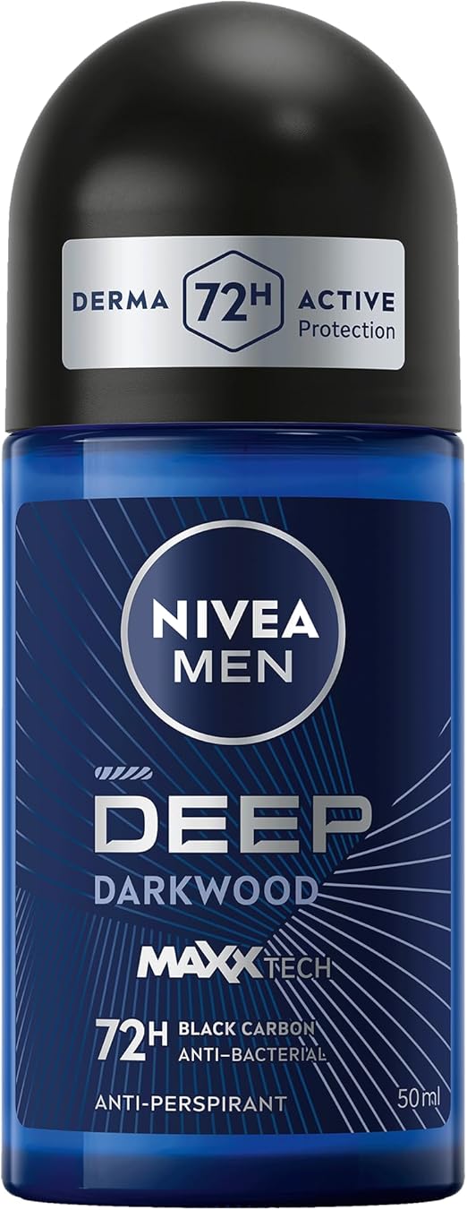 NIVEA MEN Antiperspirant Roll-on for Men, DEEP Black Carbon Antibacterial, Dark 
